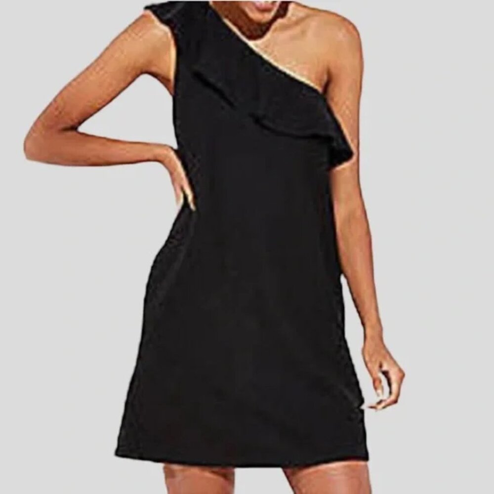 LOFT One-Shoulder Black Ruffle Dress